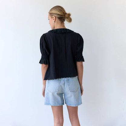 V-Neck Ruffle Blouse - RT1017: Black / S-M-L (3-2-1)