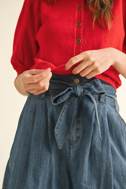 Scalloped Puff Sleeve Cardigan | Red