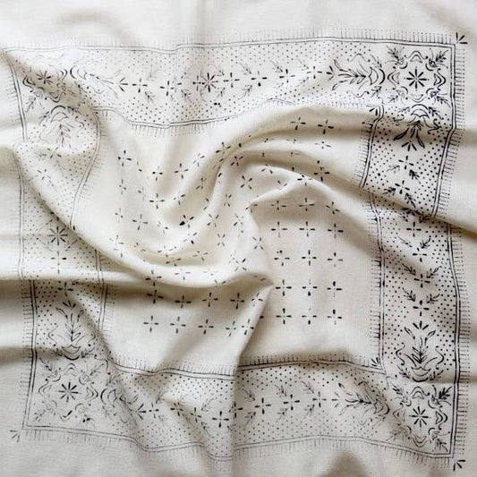Cream Classic Print Naturally Dyed Bandana | (black ink)