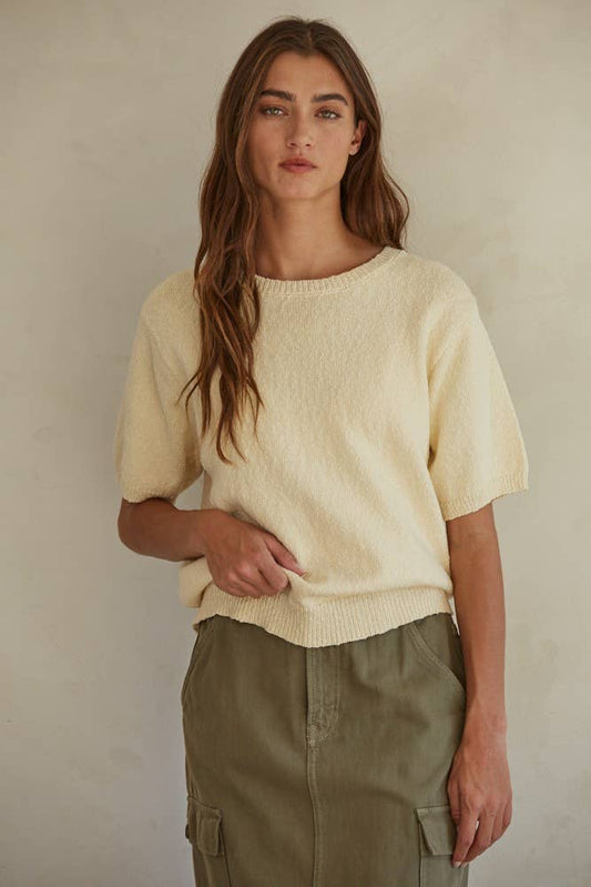 Knit Short Sleeve Sweater | Cream Yellow