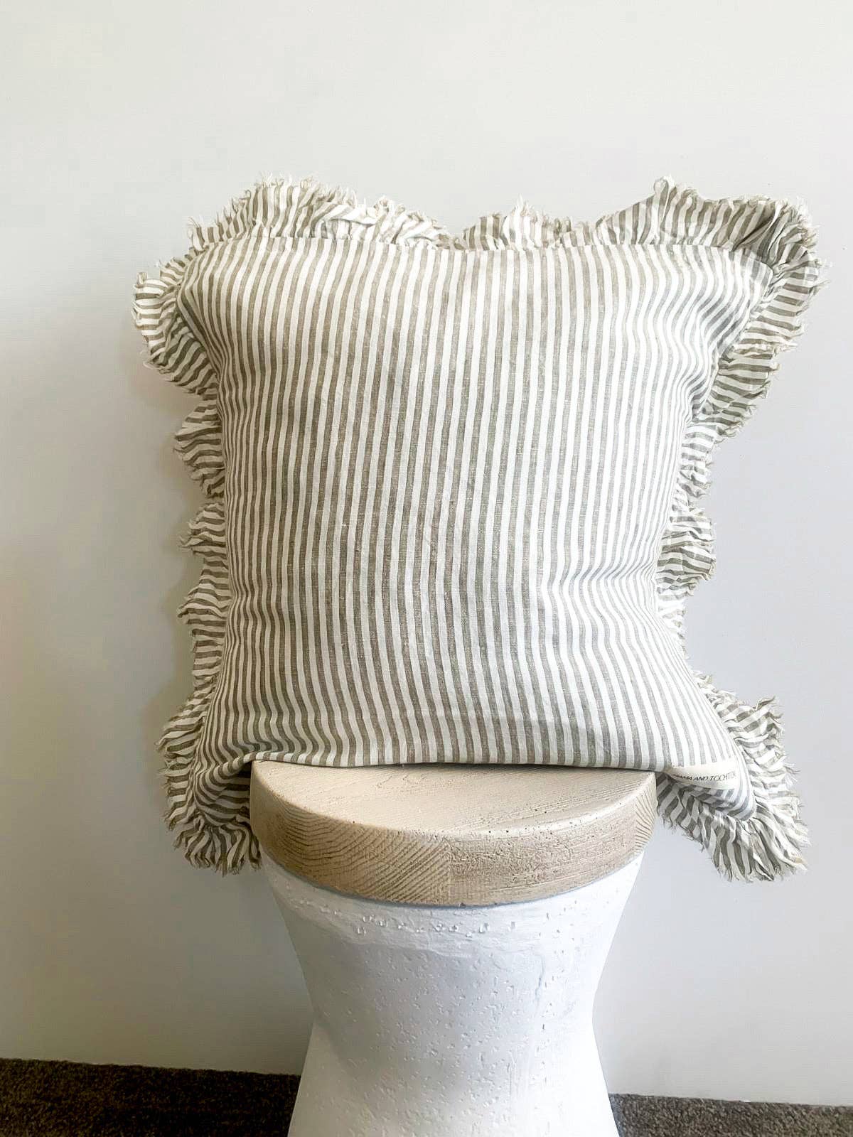 Pure French Linen Frayed Edge Ruffle Cushion | Olive Pinstripes