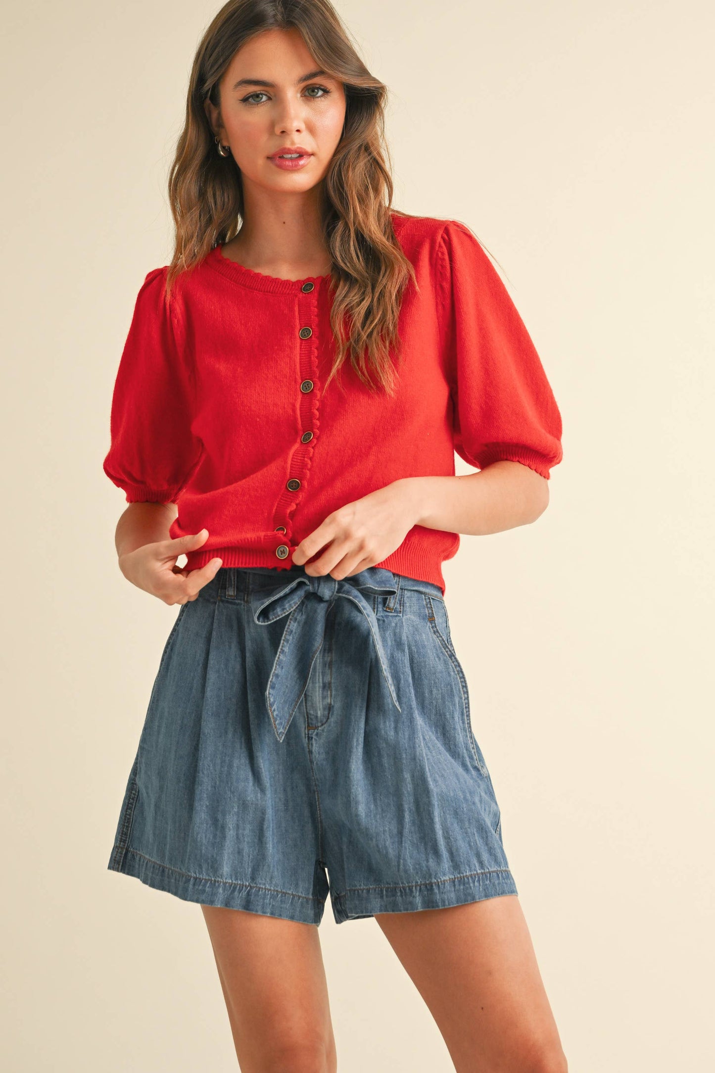 Scalloped Puff Sleeve Cardigan | Red