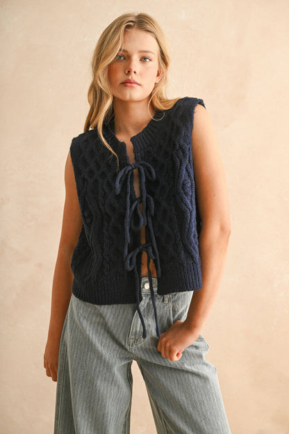 Cable Knitted Tie Front Vest | Navy