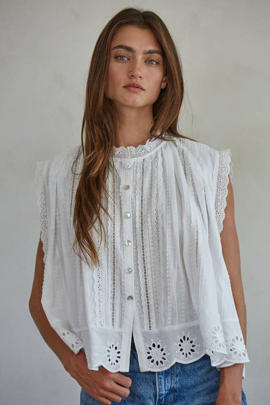 Woven Cotton Eyelet Top | White