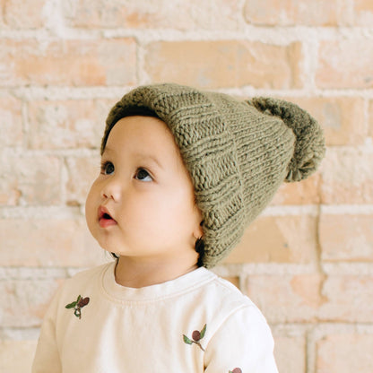 Classic Pom Hat, Olive | Baby Kids Beanie, Holiday Christmas: XS; 3-6m