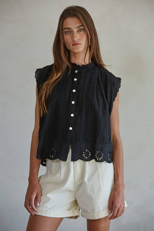 Woven Cotton Eyele Top | Black