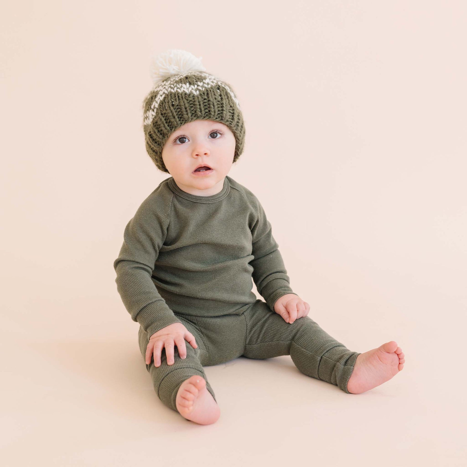 Diamond Faire Isle Hat, Olive | Hand Knit Kids & Baby: XS; 3-6mths